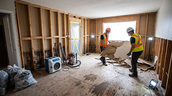 Demolition after fire, flood, storm, or mould damage by Simcoe Demolition, with workers stripping damaged drywall and insulation from a Simcoe, Ontario home