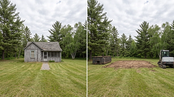 Cottage demolition before and after in Simcoe, Ontario, showing a small weathered cottage and the cleared site after Simcoe Demolition finished the work