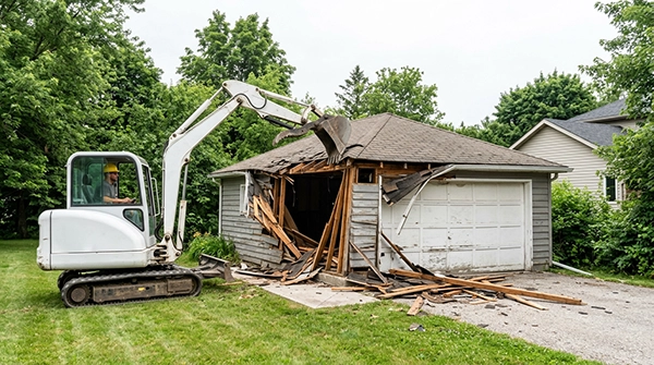 Garage, shed, and outbuilding demolition by Simcoe Demolition, with an excavator removing a small detached garage in Simcoe, Ontario