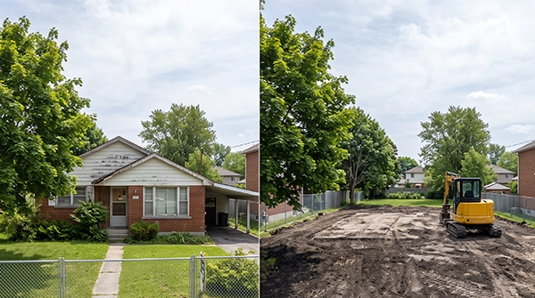 House demolition before and after in Simcoe, Ontario, showing an older home and the cleared lot once Simcoe Demolition finished the teardown
